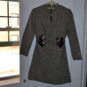 Vintage Wool Chevron Print A-Line Belted Dress